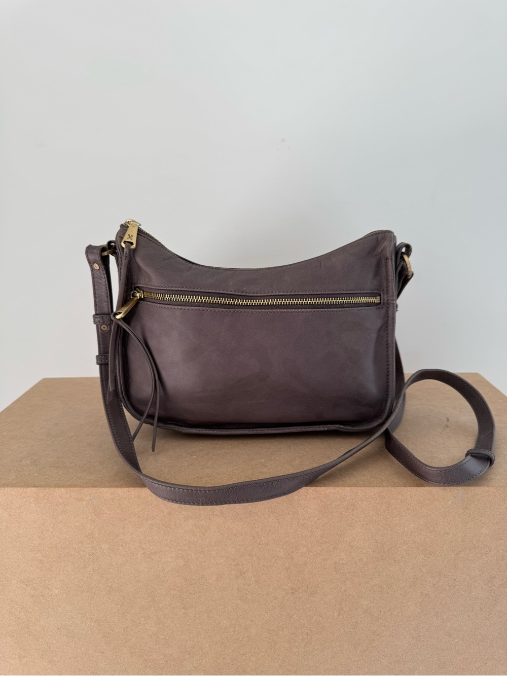 HOBO Taupe Leather Crossbody Bag Shoulder Satchel Vintage Minimalist